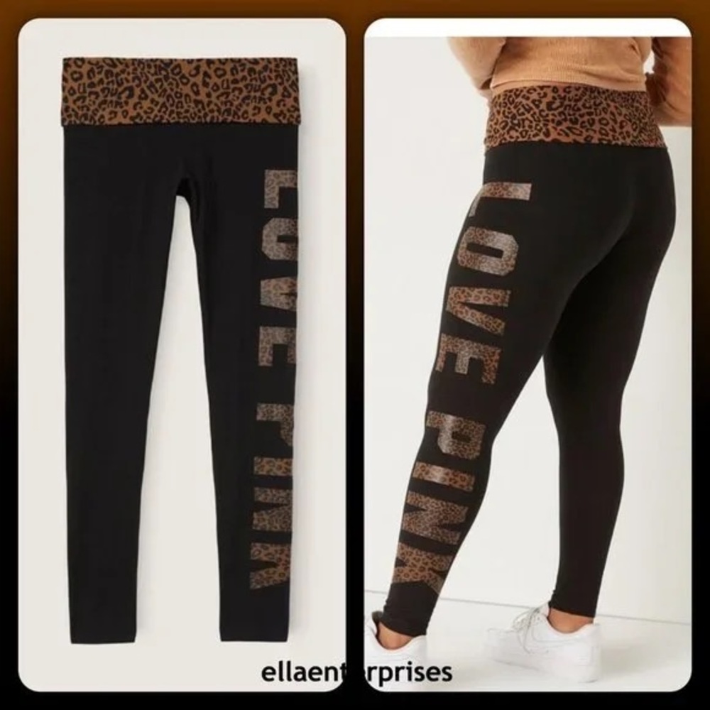 NEW VICTORIAS SECRET LOVE PINK BLACK LEOPARD CHEETAH LEGGINGS SZ LARGE YOGA PANT